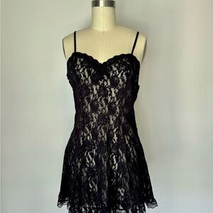 Vintage Hanky Panky Black Stretch Lace Chemise mini Dress size Large